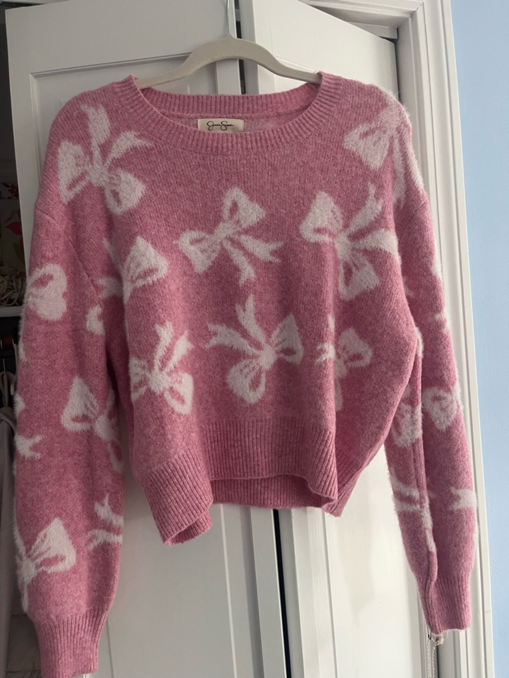 Jessica Simpson Pink and White Bow Crewneck Sweater